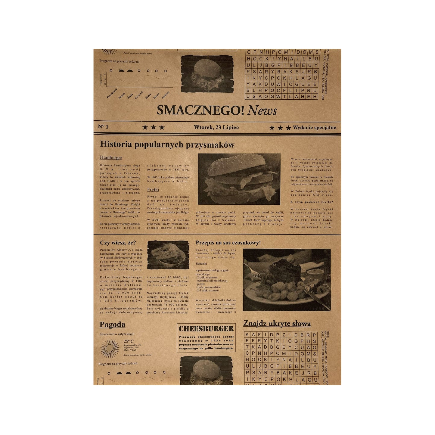 Papier spożywczy powlekany z nadrukiem GAZETA 30x40 cm brązowy