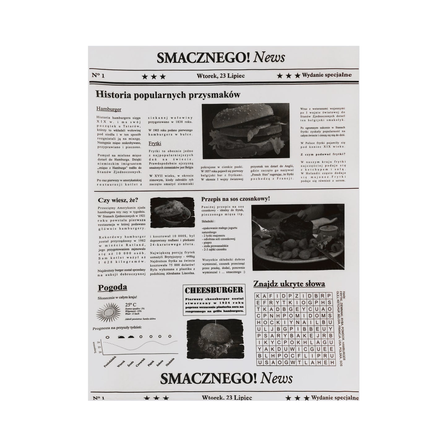 Papier spożywczy powlekany z nadrukiem GAZETA 30x40 cm biały