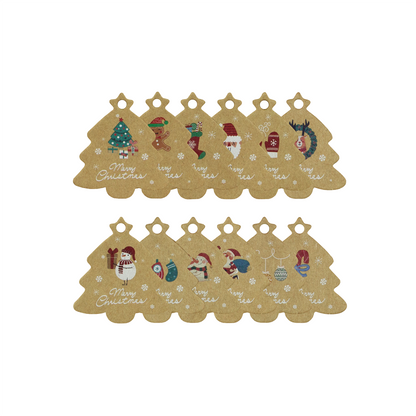 Zawieszki świąteczne w kształcie choinki ze sznurkiem, 55×45 mm, kraft, 48 szt