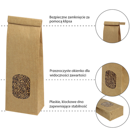 Torebka papierowa klockowa z okienkiem z klipsem 55+30x175 50g CZARNY